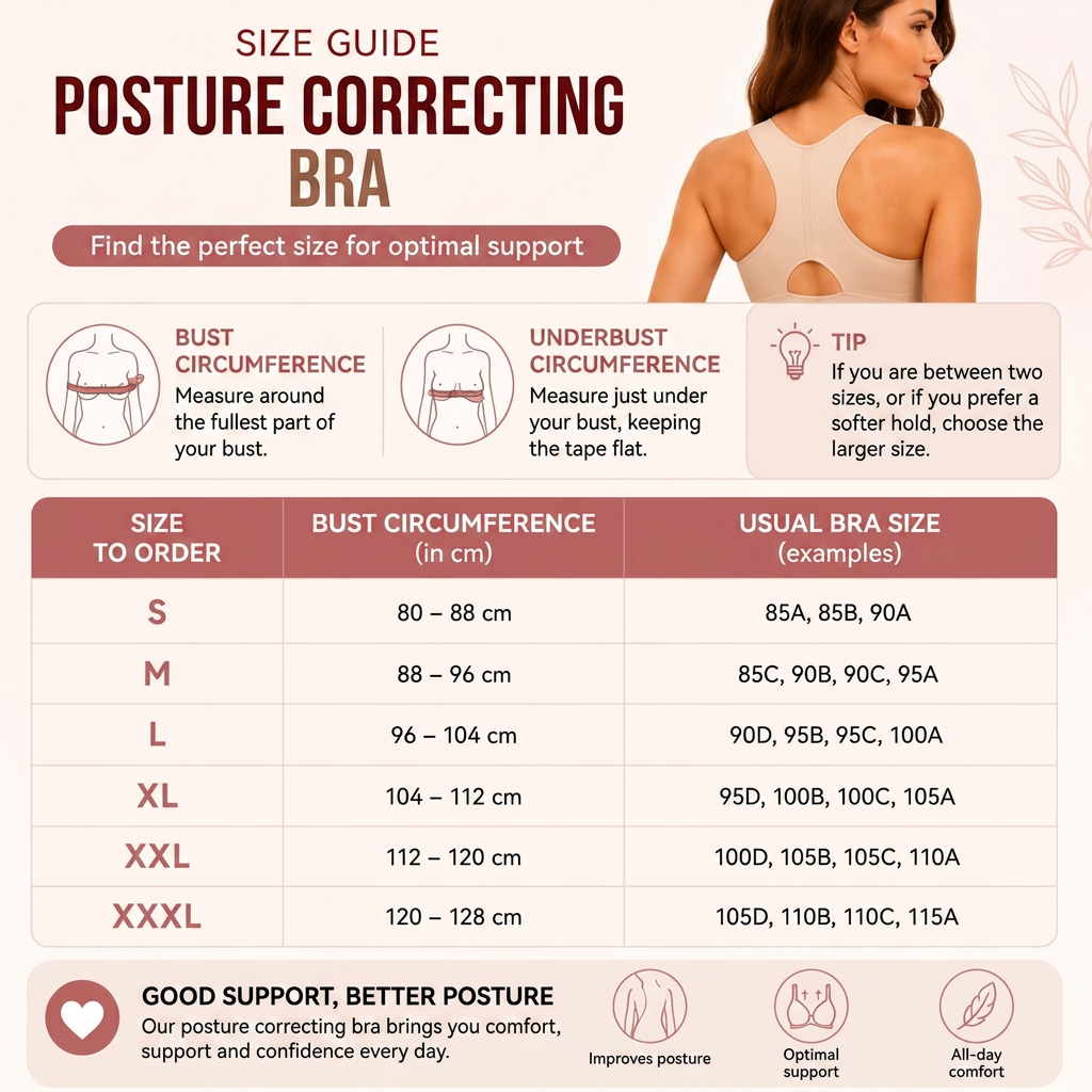 Posture bra size guide with bust measurements